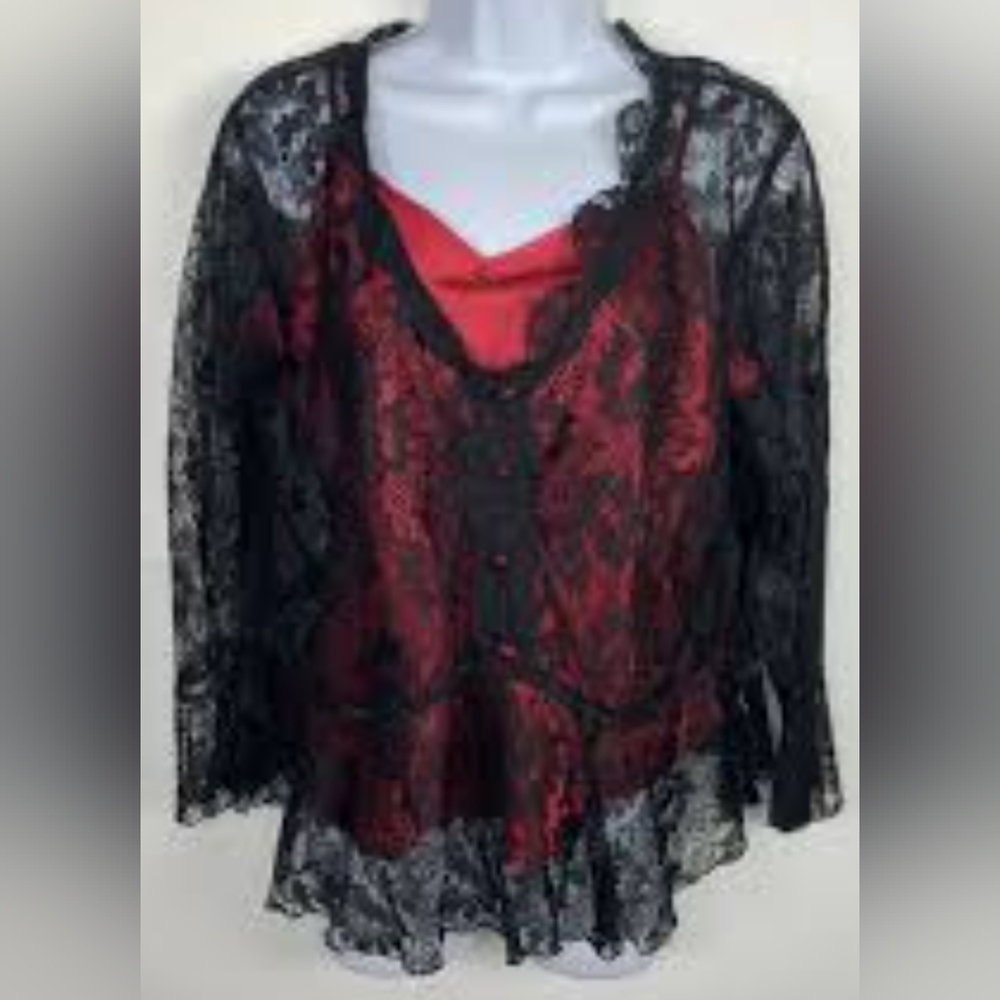 Apt. 9 Black Lace Long sleeve Blouse with removable Red Camisole. NWOT